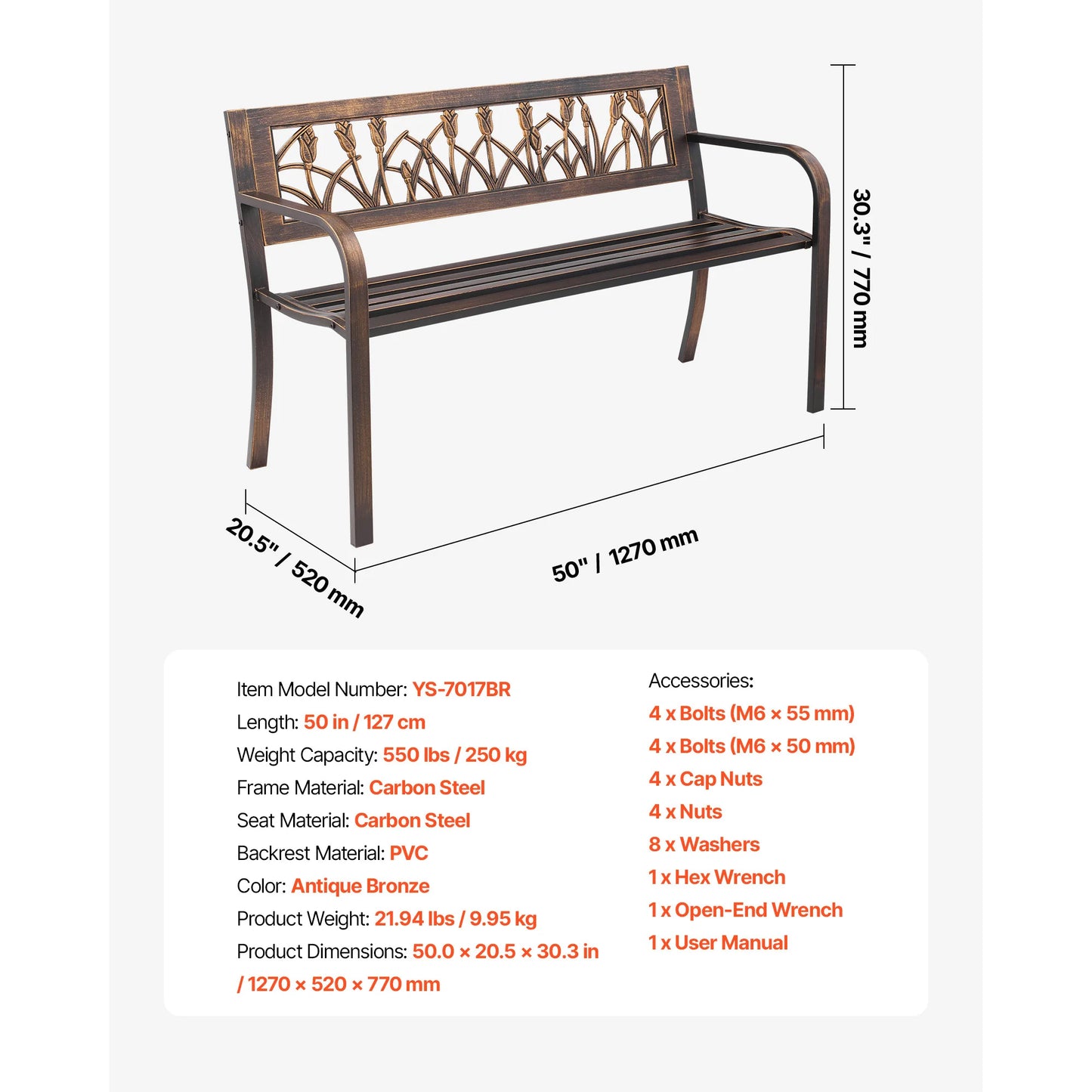 Outdoor Bench Wooden Metal Garden Bench for Outdoors 480 lbs Load Capacity Bench Outdoor Garden Park Bench