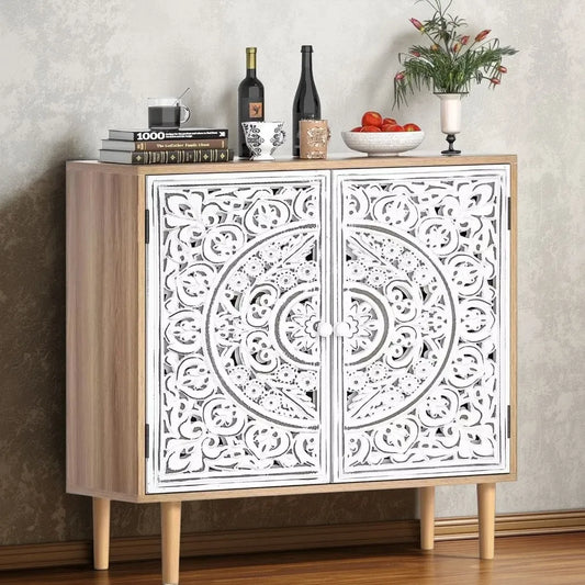 Accent Cabinet with 2 Doors, Carved Decorative Sideboard with Adjustable Shelf, Free-Standing Wood  Cabinet for