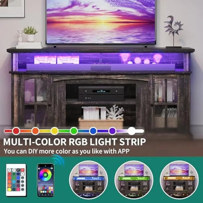 LED TV Stand, Modern Entertainment Center W/Glass Doors Adjustable Storage Shelves, Media Console TV Cabinet for For Living Room