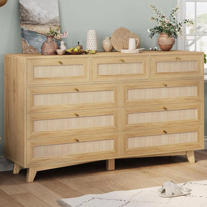 9 Drawer Modern Wooden/ Rattan Dresser for Bedroom