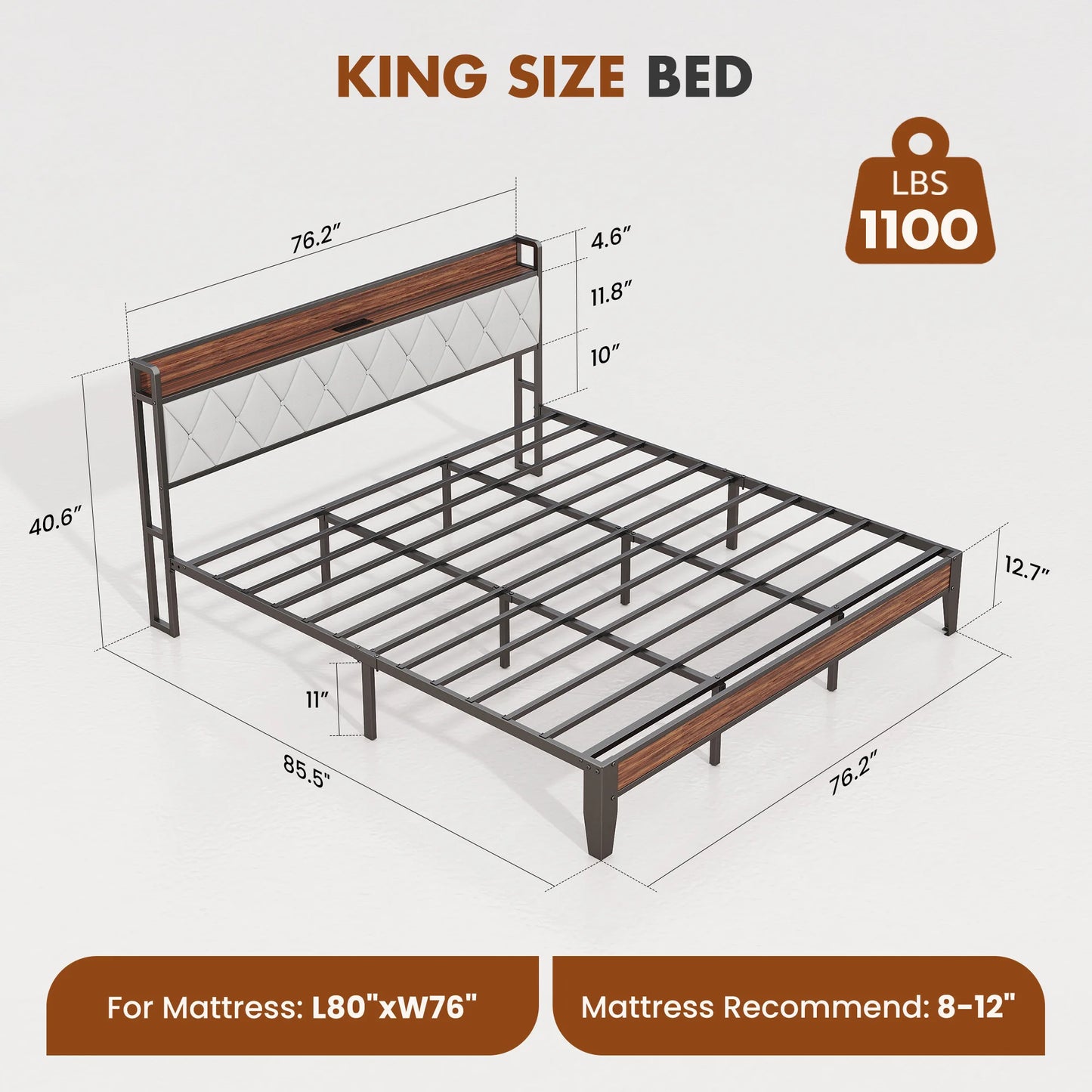 King Size Soft Pack Heavy Duty Metal Bed Frame with Headboard Charging Station 1100lbs Capacity Easy Assembly For Bedroom