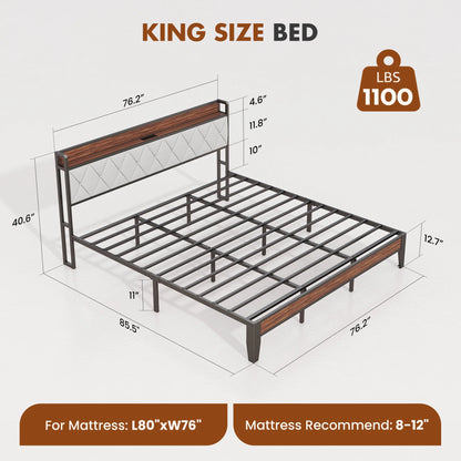 King Size Soft Pack Heavy Duty Metal Bed Frame with Headboard Charging Station 1100lbs Capacity Easy Assembly For Bedroom
