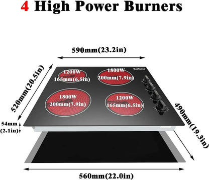 4 Burners Electric Cooktop, 24 Inch Built-in, 220-240v, 6000W, Knob Control, Residual Heat Indicator,Hard Wire(No Plug)