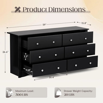 Dresser for Bedroom, 6 Wood Dresser Drawers, Wide Chest of Drawers, Storage Tower Unit Modern Design Bedroom Living Room