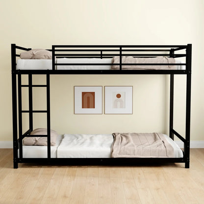 Heavy Duty Twin Bunk Bed Frame with 3-Step Ladder, Low Profile Metal Bed 54" Height, Space Saving Bunkbed with Guardrails, 400 LBS Capacity, Black