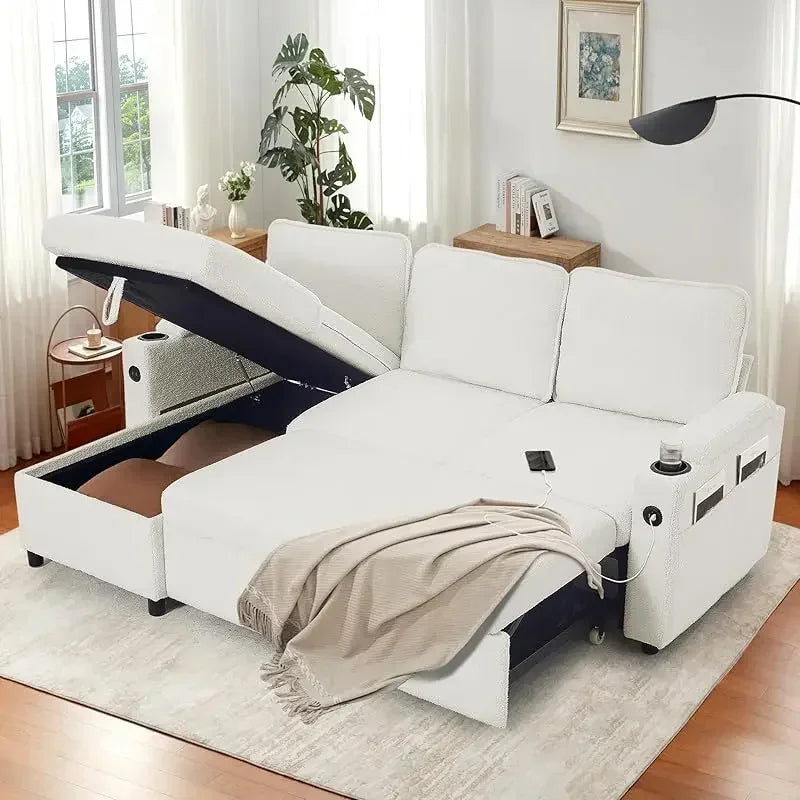 Sleeper Sofa Pullout Bed for Living Room.L Shaped Couch with Storage Chaise.USB.Cup Holder (Dark G