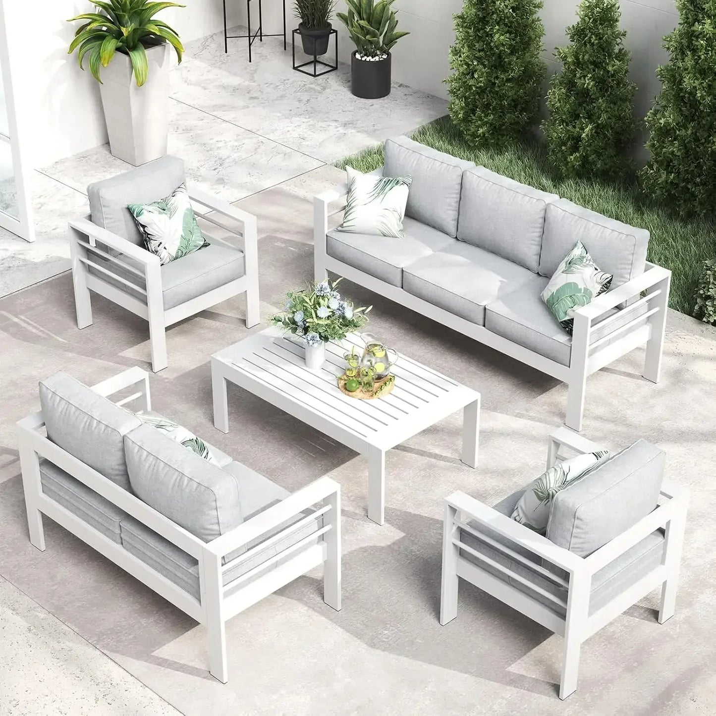 RPD4-QLayinSun Aluminum Furniture with Fire Pit Table. 5 Pieces Patio Sectional Conversation Chat Sofa Modern Seating Set