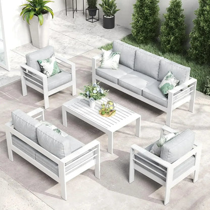 RPD4-QLayinSun Aluminum Furniture with Fire Pit Table. 5 Pieces Patio Sectional Conversation Chat Sofa Modern Seating Set