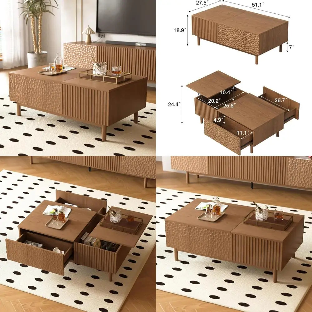 Mid-Century Modern Walnut Rectangular Coffee Table with Lift Top Storage and Drawers