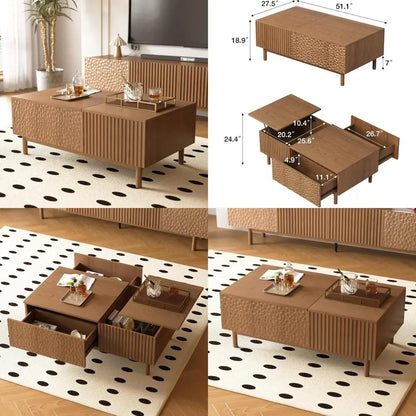 Mid-Century Modern Walnut Rectangular Coffee Table with Lift Top Storage and Drawers