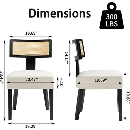 4-Pack Mid-Century Rattan Dining Chairs Fabric Upholstered with Black Wood Frame, Curved Back & Armless Design