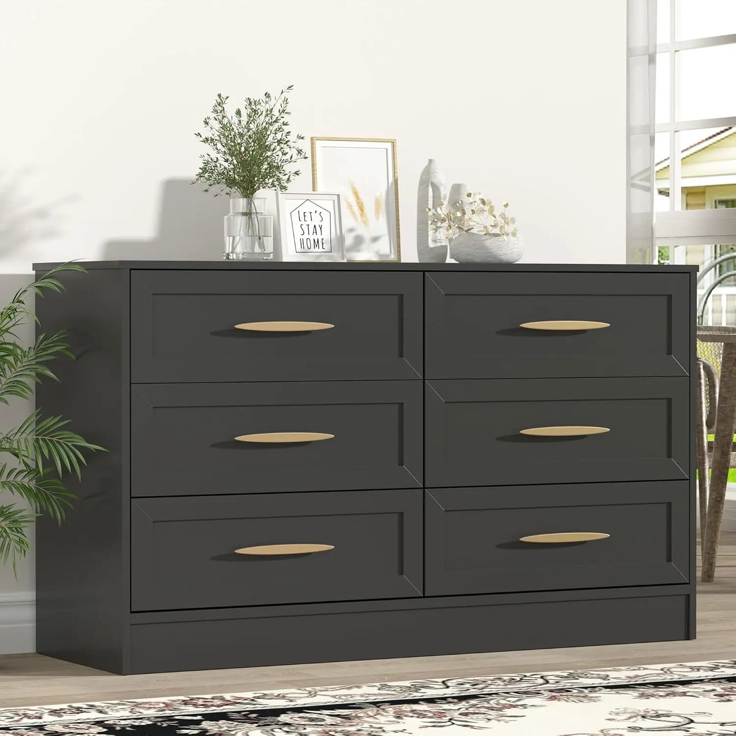 6 Drawer Dresser White and Gold, Tall Dresser , Wood Storage Cabinet