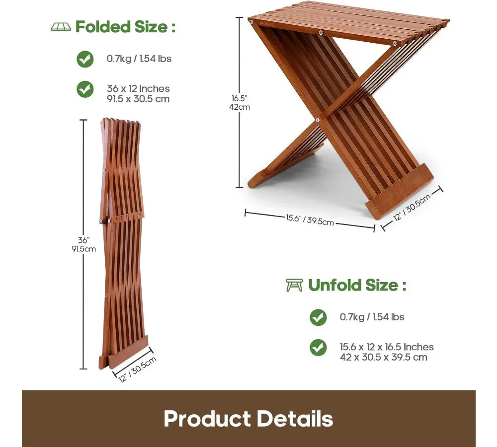 Folding Bamboo Wood Stool - Waterproof Sauna Shower Bench, Compact Multi-Use Seat for Bathroom & Steam Room