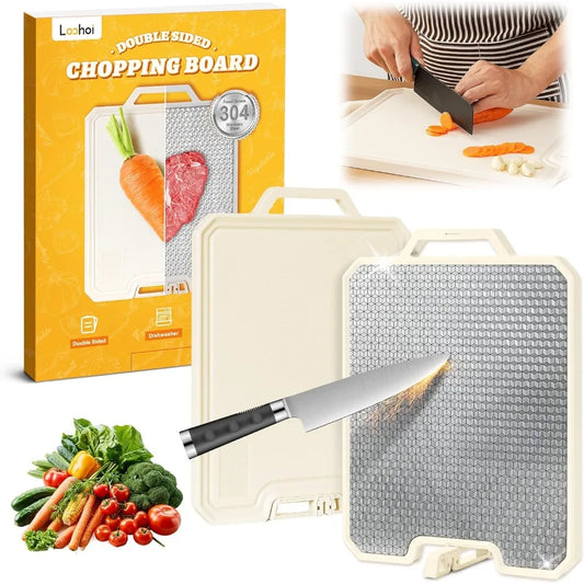 Stainless Steel Cutting Boards for Kitchen,Double Side Food Grade Chopping Board,Stainless Steel and Wheat Straw PP,Dishwasher S