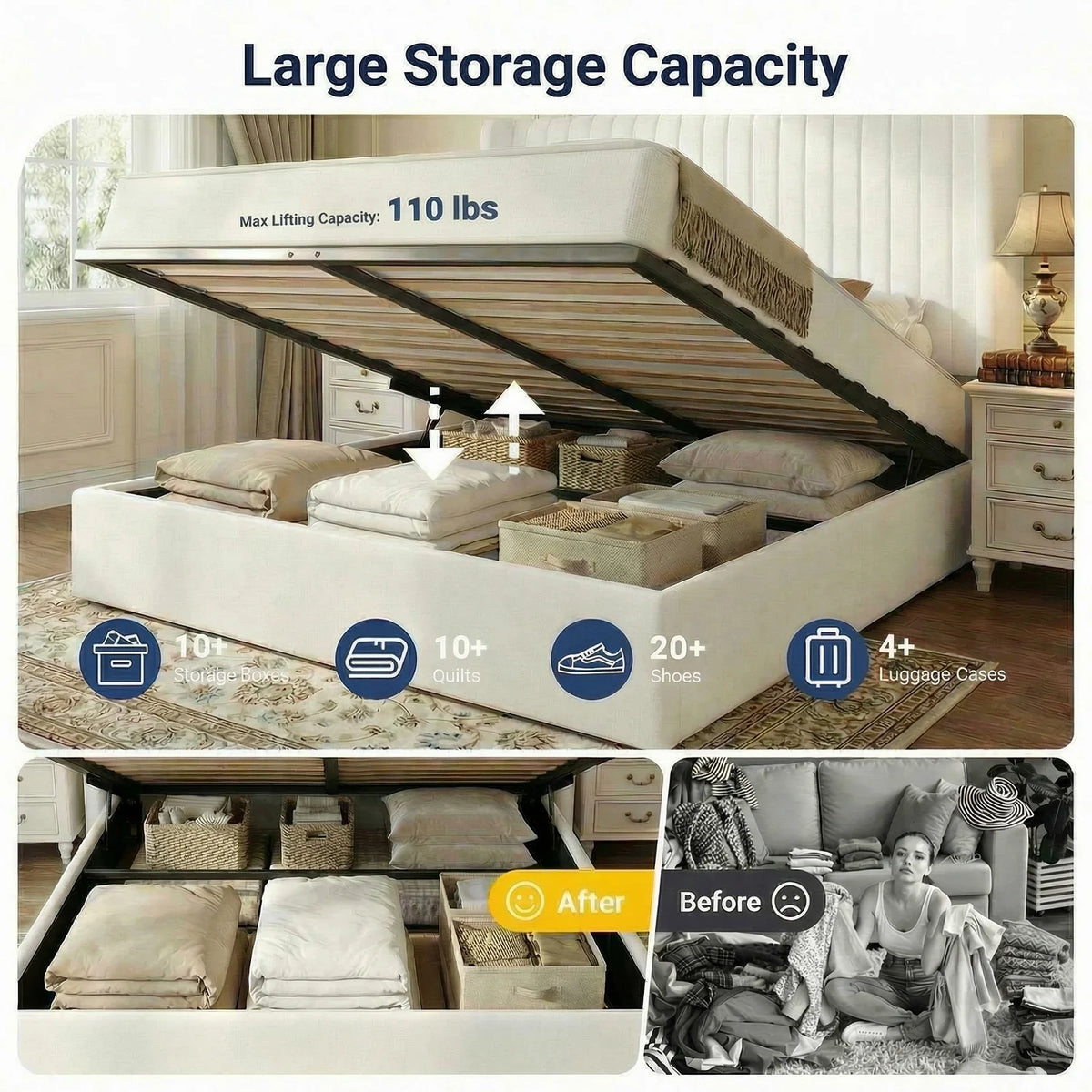 Full/Queen/King Lift Up Storage Bed Frame, Hydraulic Support System, Upholstered Platform Bed Frame, Underneath Storage,