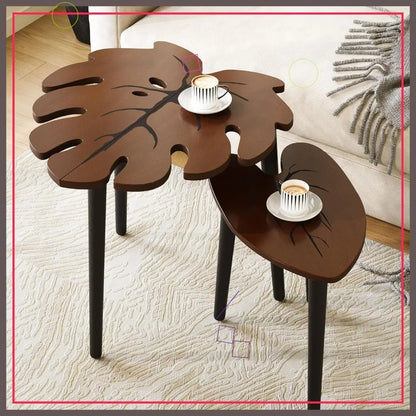 Leaf Nesting Tables Set of 2, Modern Wooden Coffee Side Tables for Living Room Bedroom