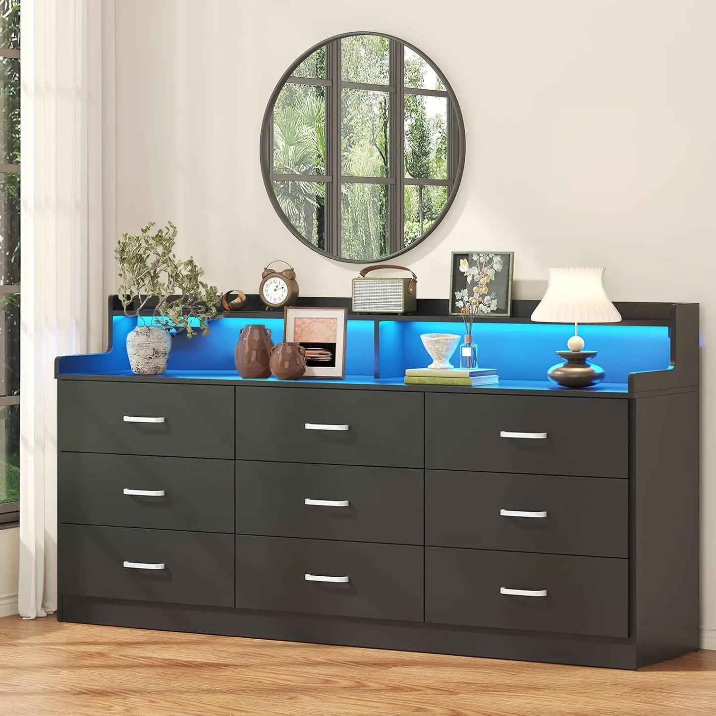 9 Drawer Dresser with Built-in Power Outlet, Mid Century Modern ,63'' Triple Wide