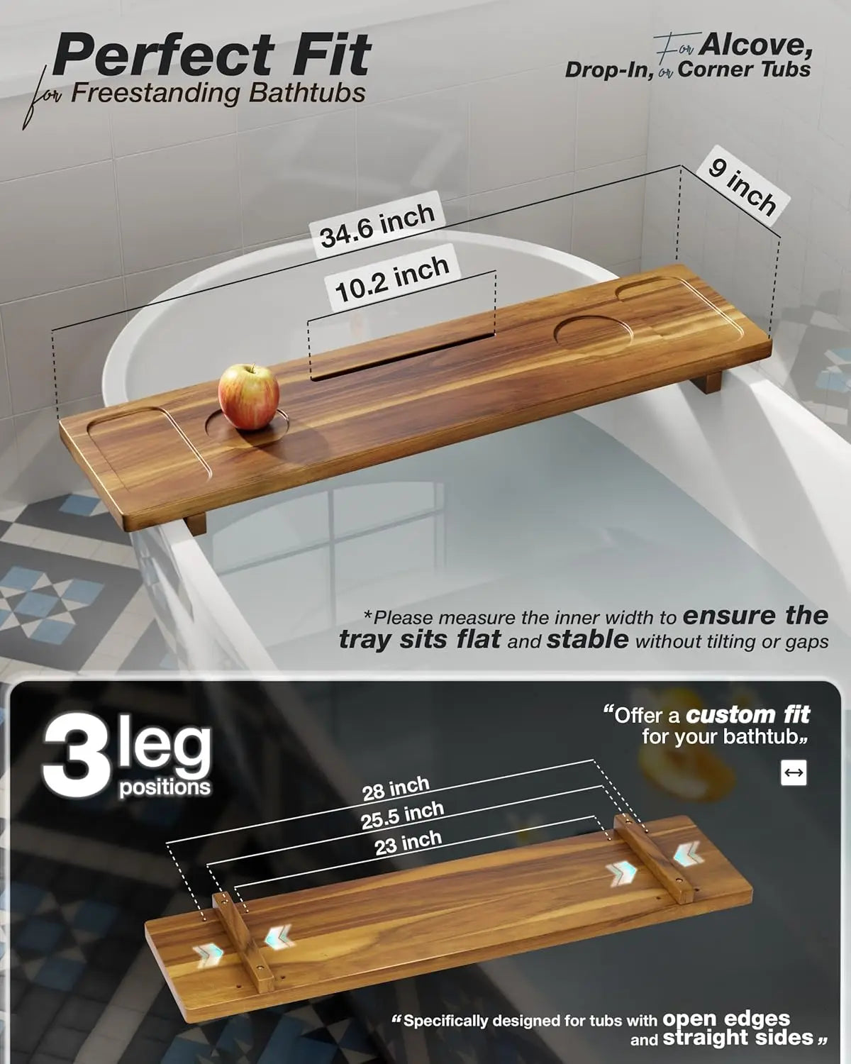 Bathtub tray,   34.6-inch x 9-inch wooden bathtub caddy tray with adjustable legs