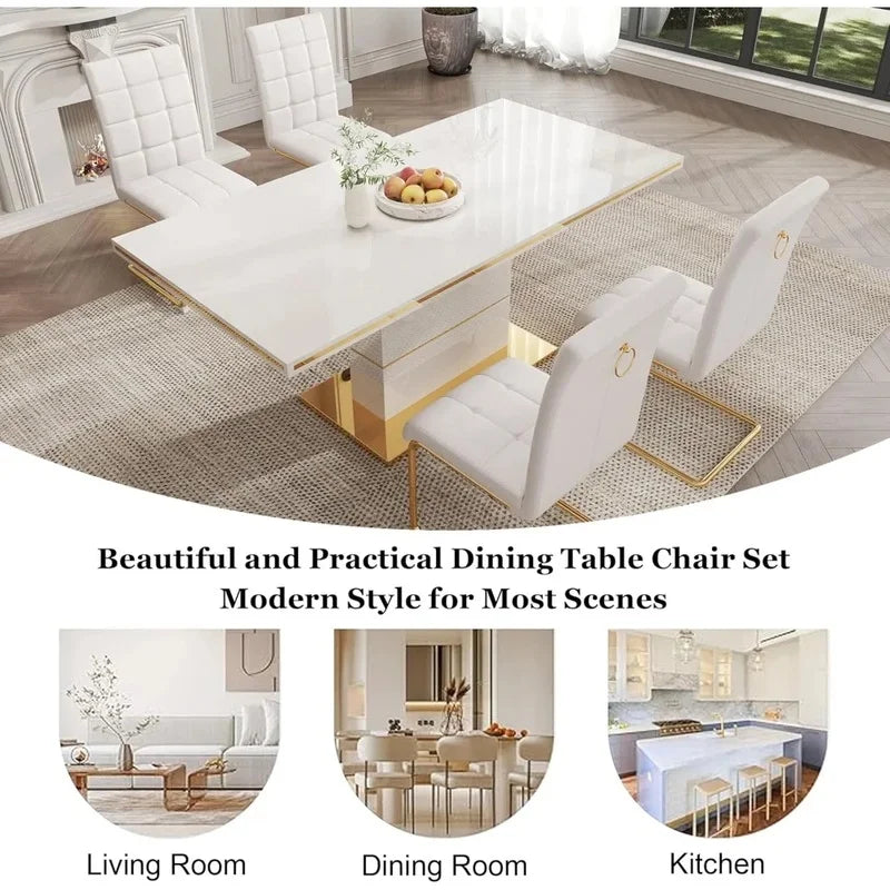 Modern 5-Piece Dining Set with 63" White Gloss Table and 4 PU Leather Chairs for Kitchen and Dining Room