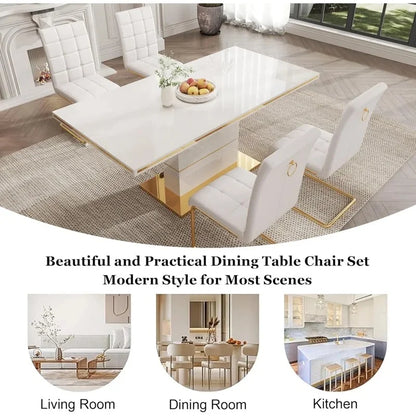 Modern 5-Piece Dining Set with 63" White Gloss Table and 4 PU Leather Chairs for Kitchen and Dining Room