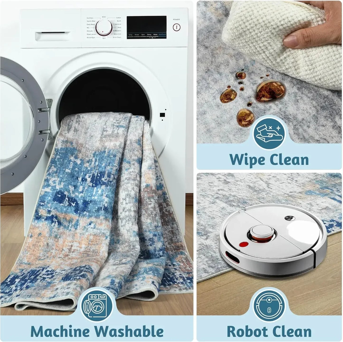 Modern Abstract Washable Area Rugs  Stain Resistant Non Slip Large Blue Soft Indoor Carpet for Home Decor