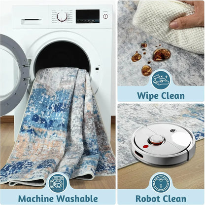 Modern Abstract Washable Area Rugs  Stain Resistant Non Slip Large Blue Soft Indoor Carpet for Home Decor
