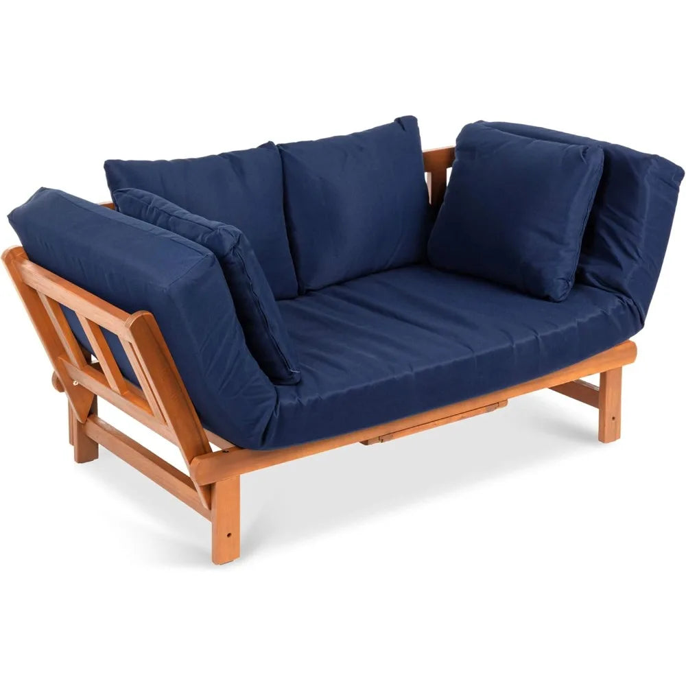 Outdoor Convertible Acacia Wood Futon Sofa Furniture for Patio, Balcony, Poolside, Backyard w/Pullout Tray, Removable Weather-R