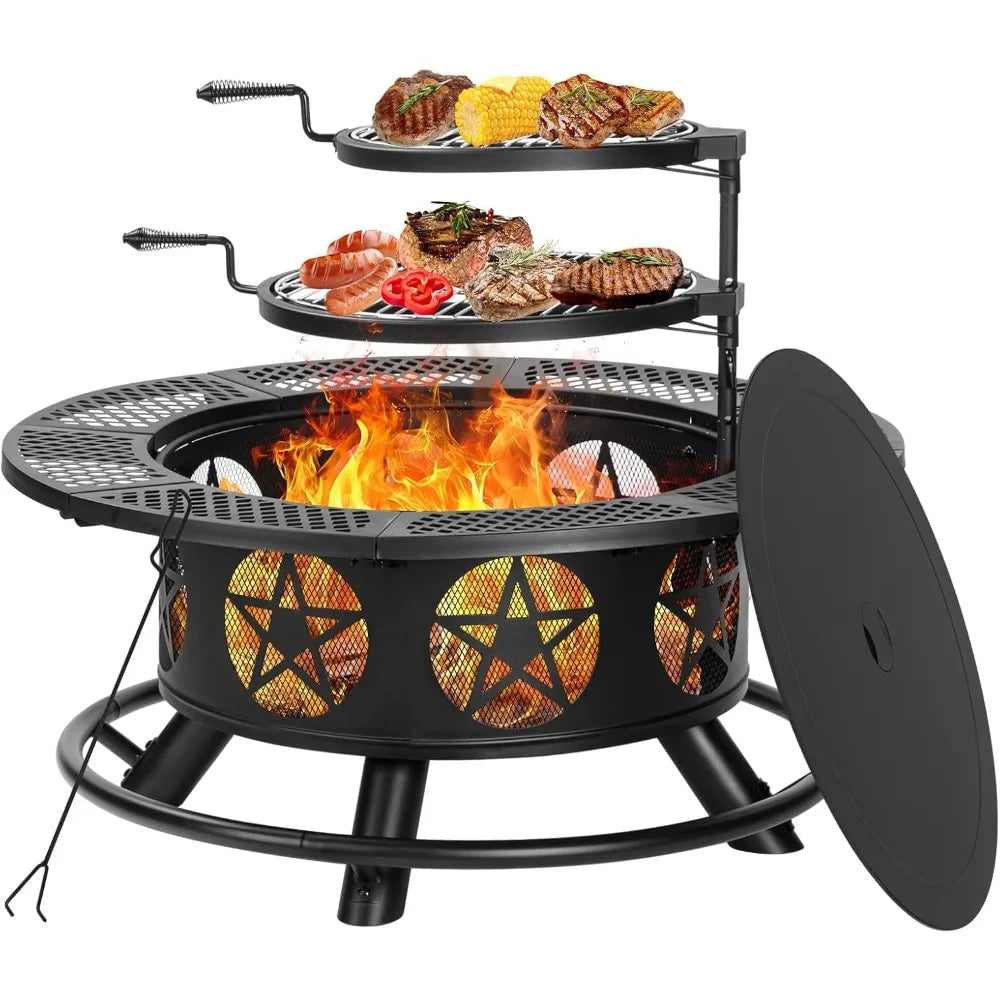 42 Inch Fire Pit with 2 Grills, for Outside with Lid & Poker, Heavy Duty Firepit,BBQ& Outdoor Fire Pit