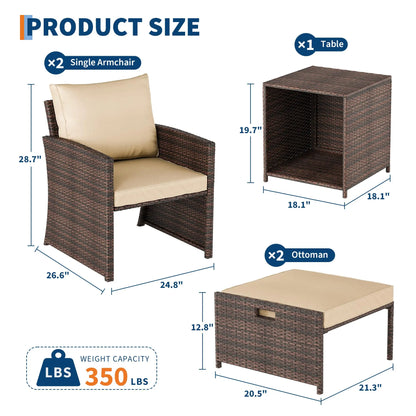 5-Piece All-Weather Pe Rattan Patio Set, High Back Chairs With 2 Ottomans & Table, Soft Cushions For Garden & Porch