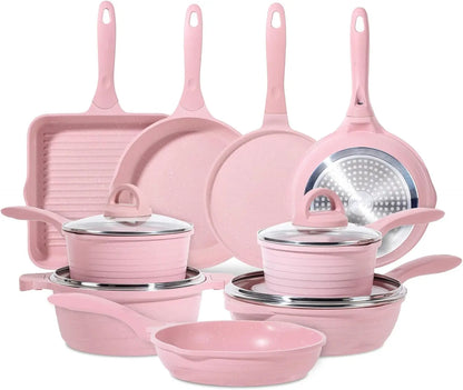 Pink Pots and Pans Set Nonstick 23pcs, Healthy Kitchen Cookware Sets, Induction Cooking Set Pink Frying Pans, Saucepans, Sauté &