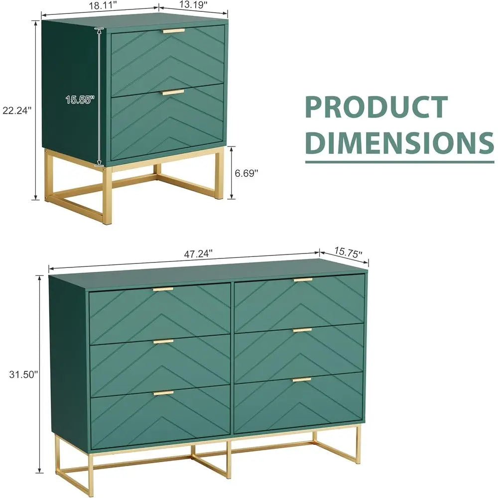 3-Piece Modern Bedroom Set with 6-Drawer Dresser and Nightstand, Gold-Handled Chest and Storage Cabinet in Green