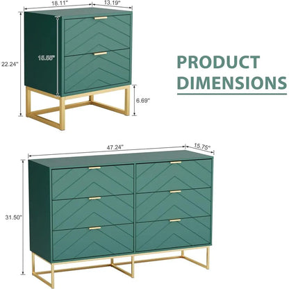 3-Piece Modern Bedroom Set with 6-Drawer Dresser and Nightstand, Gold-Handled Chest and Storage Cabinet in Green