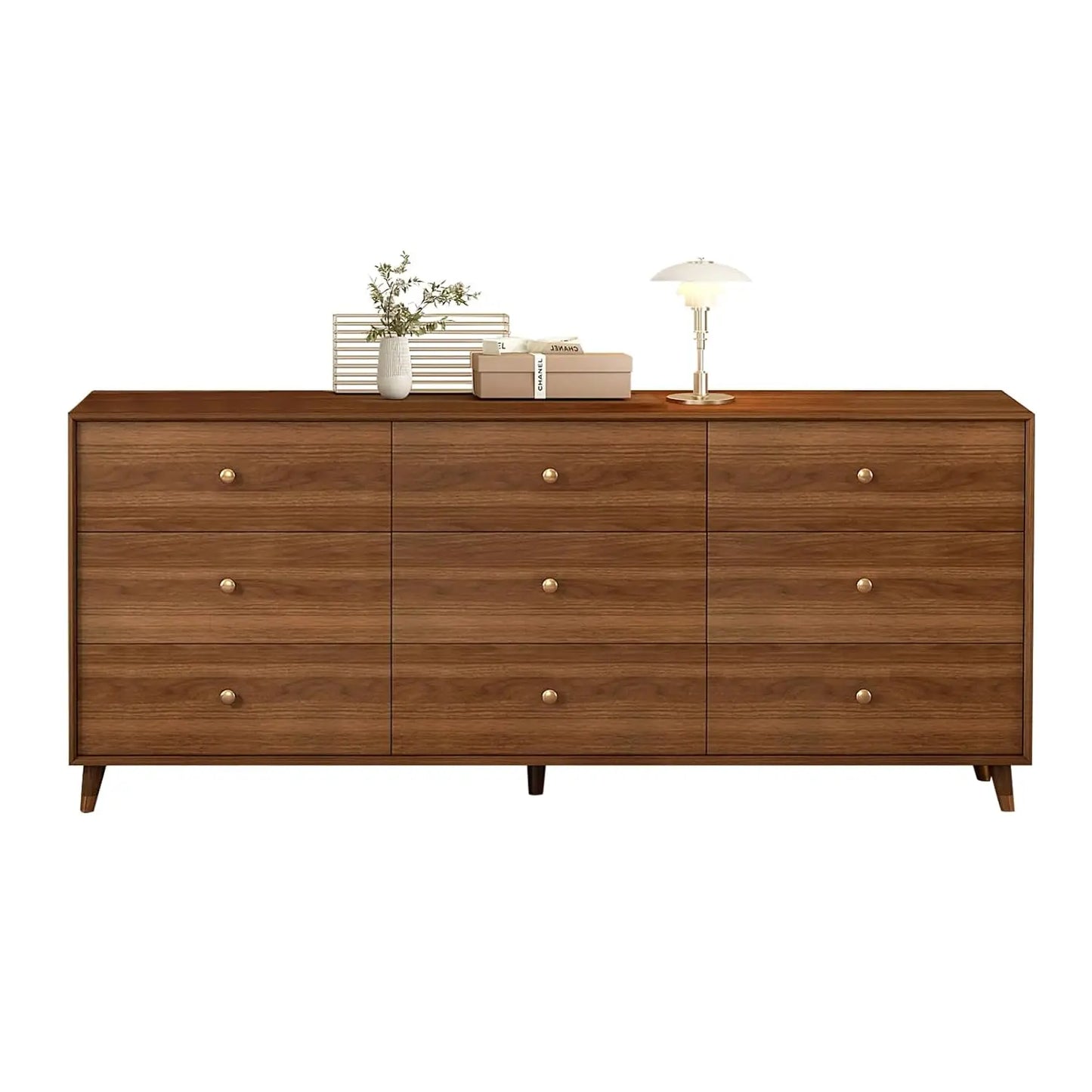9 Drawer Dresser for Bedroom, 63 Inch Walnut Dresser for Closet, Mid Century Wood Chest of Drawers with Natural, Customized