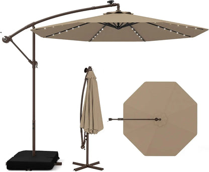 10 Foot Cantilever Patio Umbrella with Solar LED Lights, Tilt and Crank Operation, and Included Base