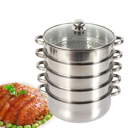5 Layer Stainless Steel Steam Cooker Steamer Set Pan Cook Pot with Glass Lid