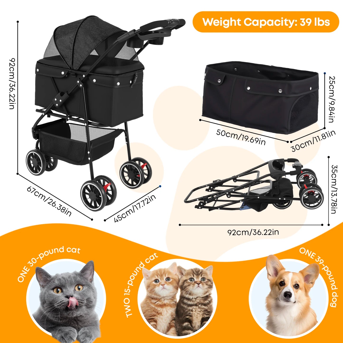 3 in 1 Pet Stroller with Removable Carrier Folding Stroller for Small/Medium Dogs and Cats Waterproof All-Terrain