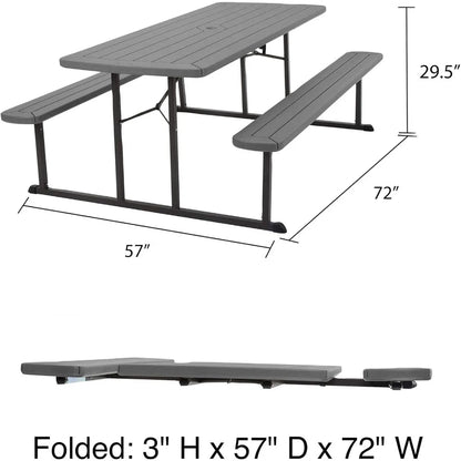 Outdoor 6 ft. Folding Picnic Table, Dark Gray Wood Grain Resin with Gray Steel Legs