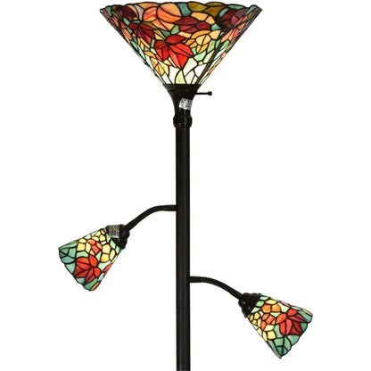 QWMaple Tree Leaves Tiffany Style Stained Glass Torchiere Floor Lamp with Sidelights 70-inches Tall