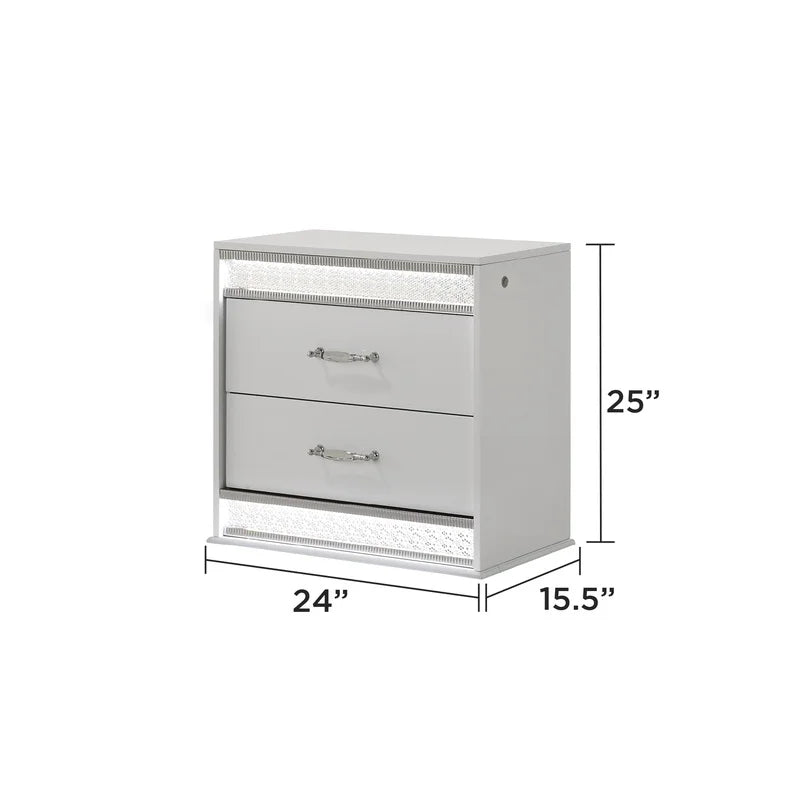 White Wood Queen Bedroom Set with LED Headboard, Modern Glam Design, 5-Piece