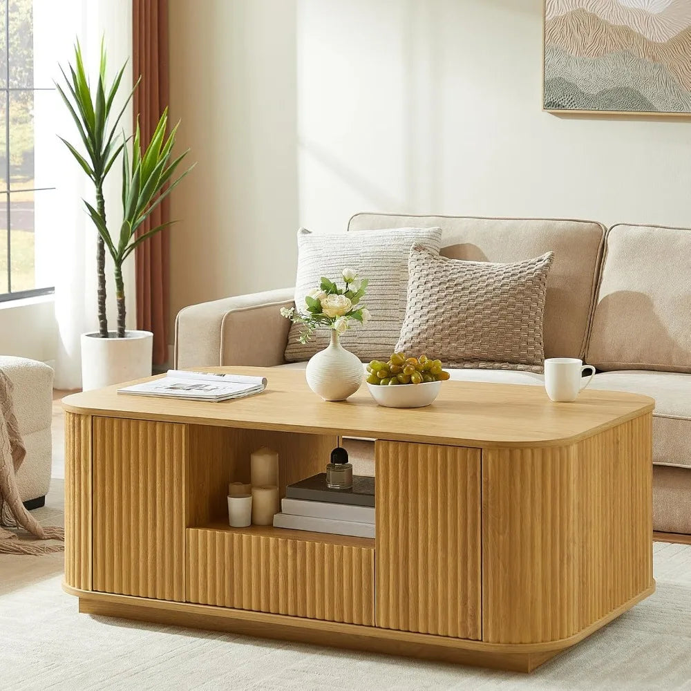 Modern Oval Coffee Table with Storage for Living Room, Fluted Design, 2 Drawers, Open Shelf, and 2 Compartments