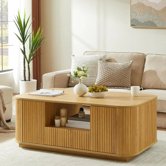 Modern Oval Coffee Table with Storage for Living Room, Fluted Design, 2 Drawers, Open Shelf, and 2 Compartments