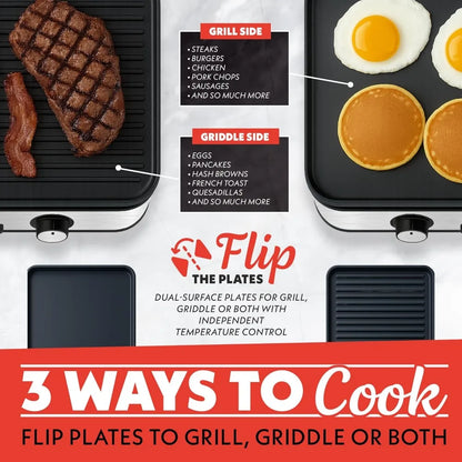 3-in-1 Indoor Grill And Griddle Electric Combo Dual Independent Cooking Zones GIDC0001 Black