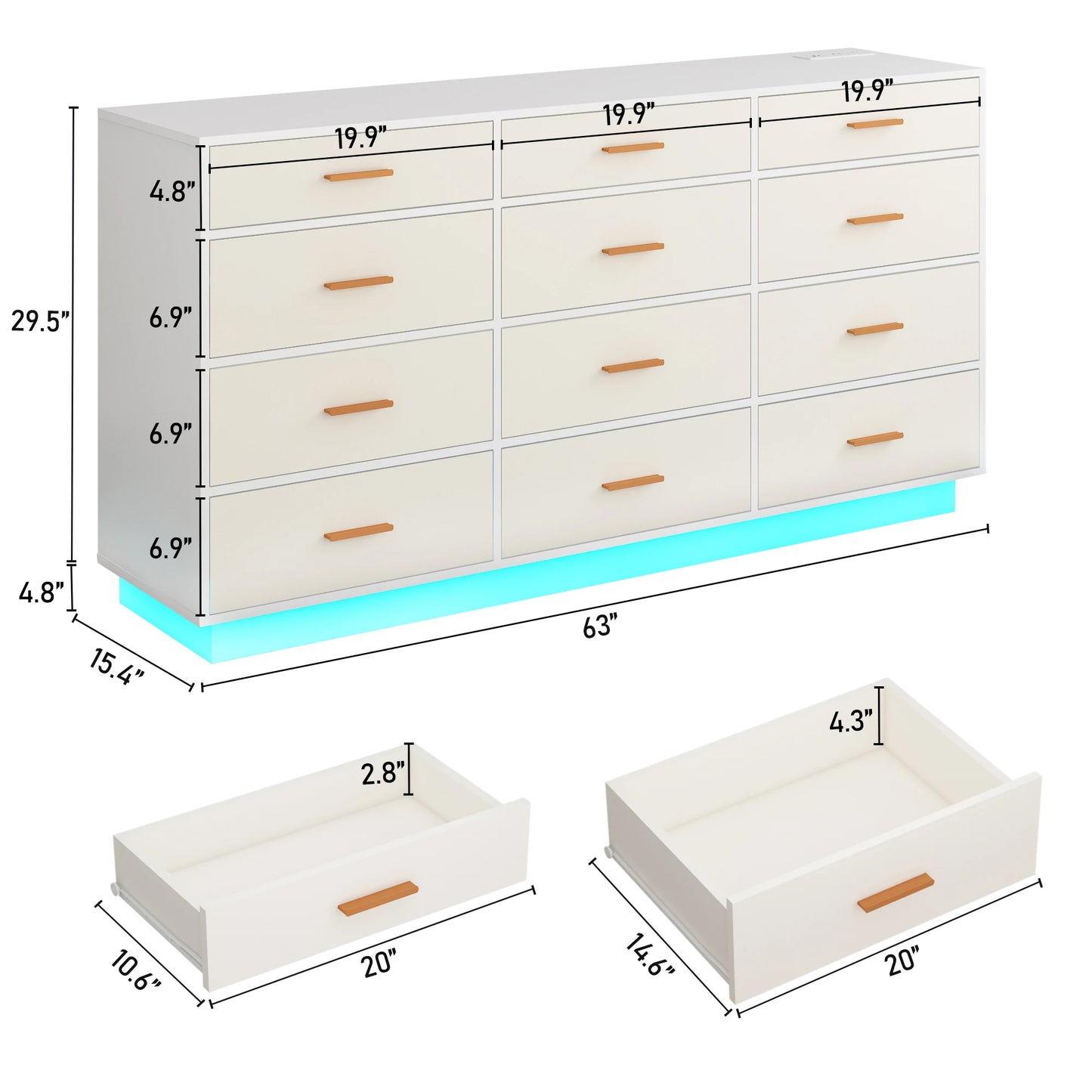 12 Drawer 63" Modern Dresser for Bedroom with Power Outlets & LED Light