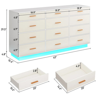 12 Drawer 63" Modern Dresser for Bedroom with Power Outlets & LED Light
