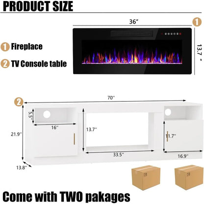 Fireplace with TV Stand 36" inch Electric Fireplace Up to 80" TVs, LED Light Entertainment Center, 70" Modern Wood High Gloss w