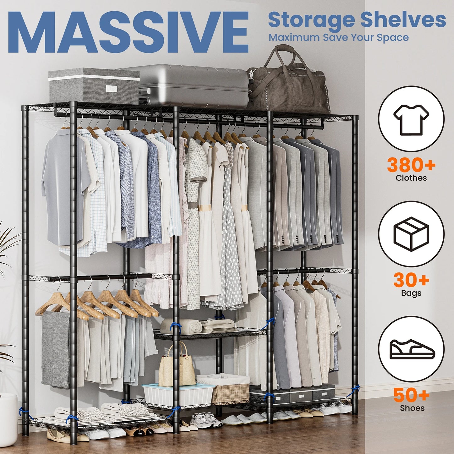 Clothes Rack Storage Organizer Wardrobe Hanging Clothes Freestanding Portable Heavy Duty 960 lb
