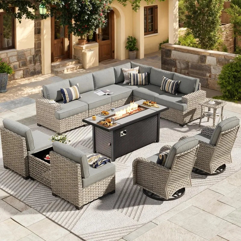 Outdoor Sectional Patio Furniture Set with Fire Pit Table,13 Pieces Wicker Conversation Sets L Shaped Couch,Extra Deep