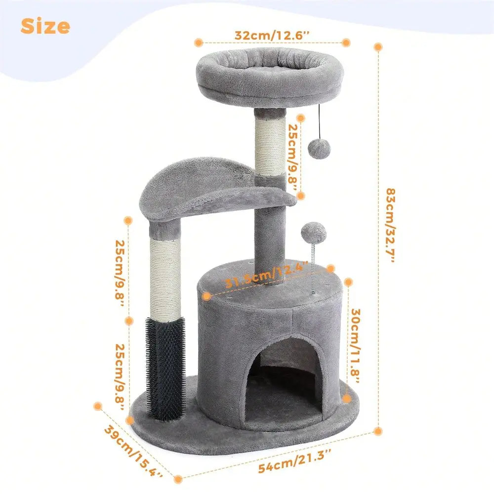 Cat Tree Tower For Indoor With Self Groomer Brush, Sisal ching Post, Dangling Ball For Small, Medium Cats, Gray