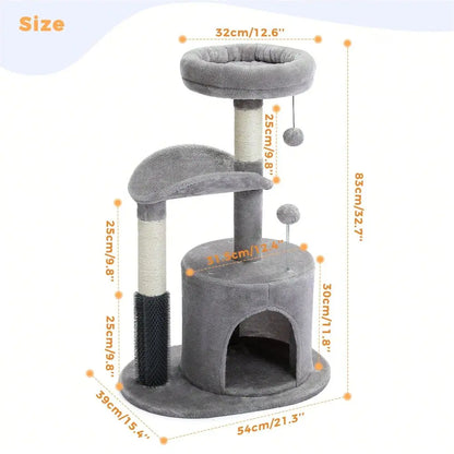 Cat Tree Tower For Indoor With Self Groomer Brush, Sisal ching Post, Dangling Ball For Small, Medium Cats, Gray