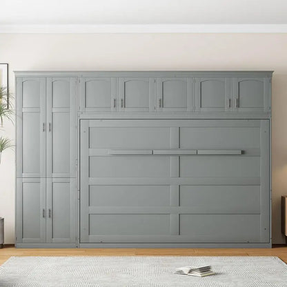 Gray Queen Murphy Bed with Cabinets, Space-Saving Wall Bed for Dual Functionality